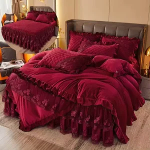 Comforter Bed Sheets and Skirt Bed Set Full Size Lace Velvet Embroidery Bedding Set Bedspread Bed Cover