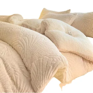 Comforter Set Premium Bedding 3 Piece Full Queen Size Ivory White Sherpa Jacquard Quilt Geometric Pattern 2 Pillowcases