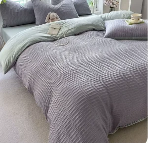 Comforter Set Seersucker 4pcs Bedding Set Ultra Soft Microfiber Textured Duvet Cover with Zipper Closure