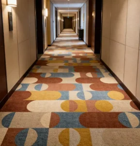 Commercial Carpet Hotel Rotunda Nylon Wilton Woven Square Pattern Cut Loop Pile Heavy Traffic Fire Resistant Modern Eco Friendly