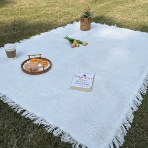 Compact Lightweight Bohemian White Picnic Mat Outdoor Camping Hiking Beach Tent Machine Washable Thickened Blanket for Picnics