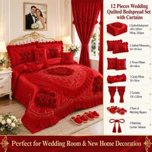 Complete 12 Pieces Bridal Bedroom Bedding Set with Quilted Bedspread Curtains and Slippers
