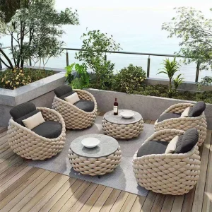 Contemporary Oversized Braided Rope Outdoor Chair Set All Weather Backyard Leisure Furniture with Pillows