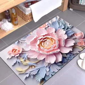 Contemporary Waterproof Floral 3D Printed Rubber Bath Mat Anti Slip Medium Thickness Floor Pad for Hotel & Home Bathroom