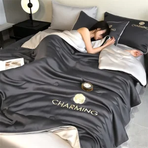 Cooling Washed Silk Summer Comforter Lightweight Camellia Embroidery Quilt Machine Washable Breathable Bedding Set