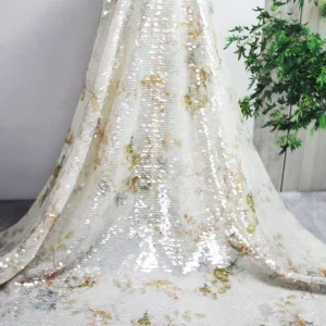 Copyright Flower Design 4 Way Stretch Lightweight Polyester Lace Fabric Bridal Wedding Printed Glitter Sequin