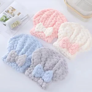 Coral Fleece Bowknot Hair Drying Hat Thick Quick Drying Super Absorbent Shower Cap for Women Cute No Blow Hair Towel