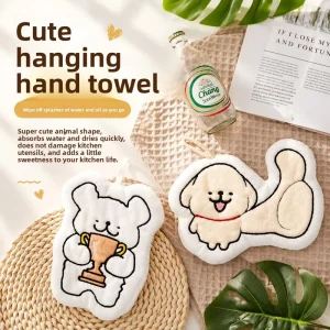 Coral Fleece Cartoon Animal Design Bear Dog Shape Embroidery Wall Mounted Hand Towel Thickened Highly Absorbent Kitchen