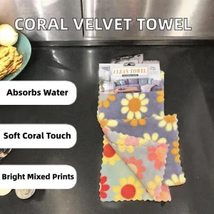 Coral Velvet Printed Kitchen Towels Set Quick Dry Soft & Water Absorbent Square Hand Towels 30x30cm