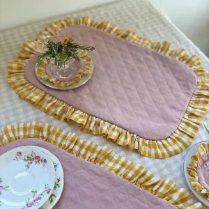 Cottage Decor Quilted Square Placemats Coasters Gingham and Ruffled Design Washable and Easy Care Tabletop Accessories