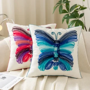 Cotton 3D Butterfly Pillow Cover with Rose Red Blue Ribbon Embroidery Sofa Office Car Bedside Throw Pillow Case