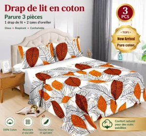 Cotton Bed Sheet Set 3 Pieces Floral Drap De Lit En Coton with 1 Flat Sheet and 2 Pillowcases