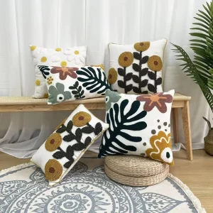 Cotton Decorative Pillowcase Square Embroidery Flower Throw Green Pillow Case