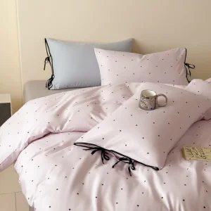 Cotton Dot Digital Print Bedding Set Bow Decor Pillowcase Duvet Cover Set