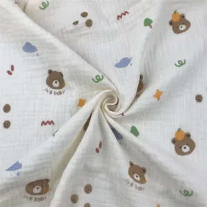 Cotton Double Gauze Breathable Cartoon Bear Print 120gsm Bubble Fabric for Girls and Boys’ Pajamas and Blankets