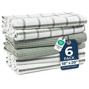 Cotton Kitchen Towels Set 6 Pack Absorbent Quick Drying Striped and Checked Dish and Tea Towels 18 x 28 Olive