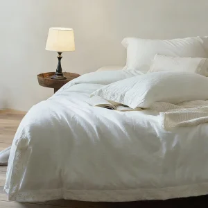 Cotton Linen Blend 4 Piece Bedding Set Wide Border Embroidery OEKO TEX Certified Queen Size for Hotel & Home