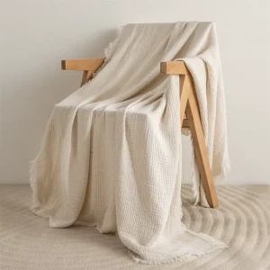 Cotton Linen Blend Throw Blanket with Fringe, Woven Lightweight Breathable Sofa Cover for All Seasons