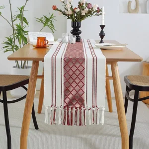 Cotton Linen Jacquard Woven Modern Plant Pattern Luxury Table Runner Black White Eco Friendly Reusable