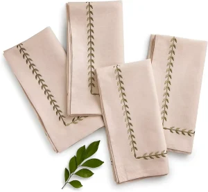 Cotton Linen Table Napkins with Green Leaf Embroidery Elegant Cloth Accessories for Home Restaurant Use