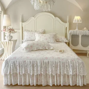 Cotton Printed Bed Skirt Set With Delicate Lace Trim Custom Size Home Hotel Bedding Factory
