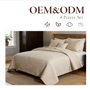 Cotton Reversible Embroidery Leaf 4 Pieces Bedspread Comforter Set King Size 300tc Eco Friendly Europe Style