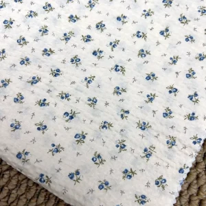 Cotton Seersucker Fabric Blue Rosebud Print 80GSM 80S Lightweight Breathable In Stock for Dress Blouse Children