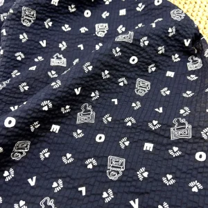 Cotton Seersucker Fabric Navy Cassette Tape LOVE Letter Print 80GSM 80S Lightweight In Stock for Shirt Dress