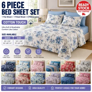 Cotton Touch Feeling Printed Bed Sheets Set 6 Piece Patterned Flat Sheet and Fitted Sheet King and Queen
