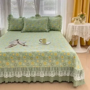 Cotton and Linen Double layer Gauze Bed Cover and Pillowcase Three piece Set Quilted Bed Sheet Pillowcase Lace Bed Cover