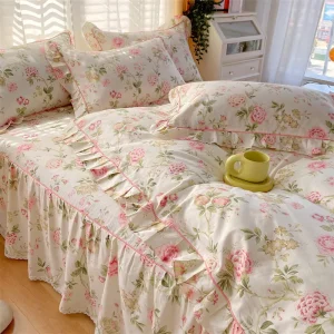Countryside Style 100 Cotton Floral Bed Skirt Bedding Set with Exquisite Flounce