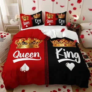 Couple King Queen Golden Crown Duvet Cover Set Red Black Poker Pattern Luxury Romantic Bedding Cover With Pillowcases