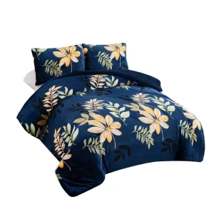 Cozy Modern Plant Pattern Reversible Fleece 3pc Flannel Sherpa Comforter Set