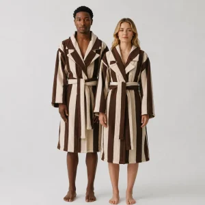 Cozy Shawl Collar Striped Bathrobe Cotton Terry Cloth Gown Ultra Soft Absorbent for Resort Custom Embroidered