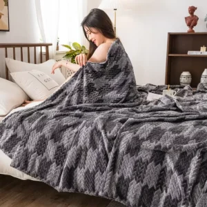 Cozy Super Soft Knitted Raschel Fleece Blanket Anti Dust Mite Anti Static Four Seasons Use Striped Pattern Faux Fur Trim Modern