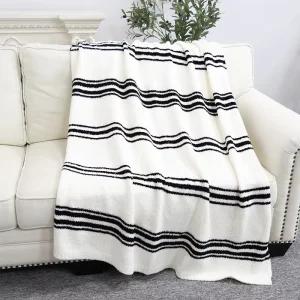 Cozy Throw Blanket Feather Yarn Fabric Striped Jacquard Weighted Knitted Throw Blanket for Sofa and Bed