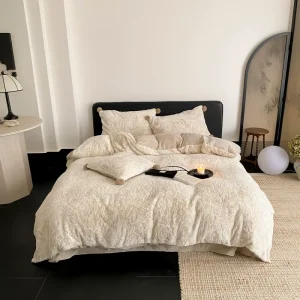 Cozy Warm Creamy Beige Jacquard Faux Rabbit Plush 4PCS Bedding Set Milk Velvet for Winter 100% Polyester Duvet Cover with Pom