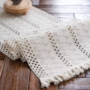 Cream Beige Boho Tassels Hand Woven Cotton Runner Rustic Farmhouse Bohemian Kitchen Dining Table Runner