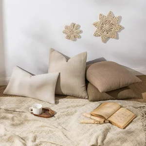 Cream Blended Linen Weave Japanese Striped Sponge Filled Square Rectangle Pillow Case for Living Room Sofa