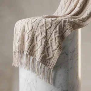 Cream Cable Knit Tassel Blanket for Sofa Bed with Classic Soft Textured Weave for Decorative Boho Throw Blankets with Fringes