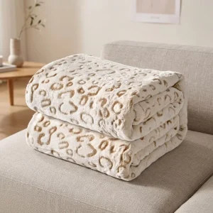 Cream Leopard Print Jacquard Knitted Flannel Fleece Throw Blanket Ultra Soft Cozy Sofa Couch Bed Home Decor