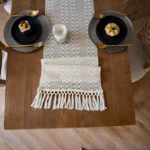Cream Style Rice Print Linen Cotton Oilproof Customizable Table Runner Tassel Hollow Woven American Country Farmhouse