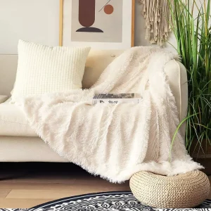 Cream White Solid Reversible Fuzzy Fluffy Cartoon Print Handmade Knit Polyester Faux Fur All Season Extra Soft Blanket