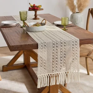 Creamy colored Cotton Customizable Table Runner Houndstooth Pattern Featuring Tassel Accents Openwork Knitperfect Table