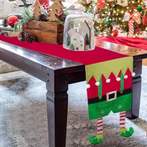 Creative Elf Legs Christmas Polyester Table Runner Hanging Striped Festive Red Green Dining Table Decor Holiday Party