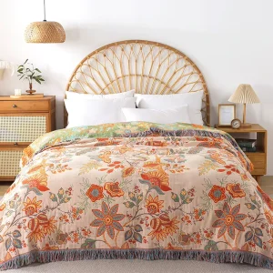 Cross Border Bestseller Export for Summer European Style Floral Pure Cotton Tassel Throw Blanket Double Sided Usable Sofa
