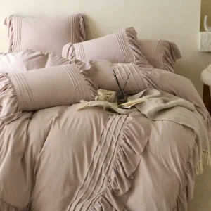 Cross-Border Exclusive Foreign Trade Home Textiles Style Polyester Solid-Color Princess Ruffle-Trim 3-Piece Duvet Cover Set