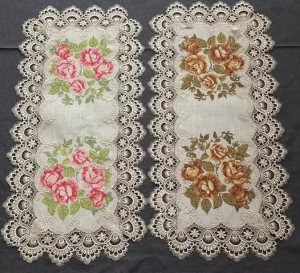 Cross Stitch Table Runner Embellished with Intricate Lace and Floral Designs
