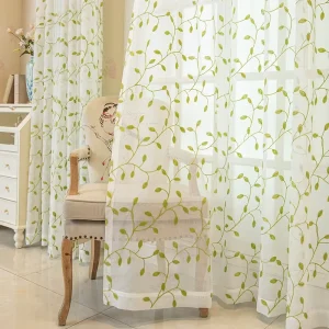 Cross border American style Embroidered Green Leaf Translucent Sheer Curtains for Bedroom Skylight Wall Mount All Season