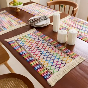 Cross border Customizable Place Mat Tassel Color block Woven Table Runner American Country Farmhouse Kitchen Decorative
